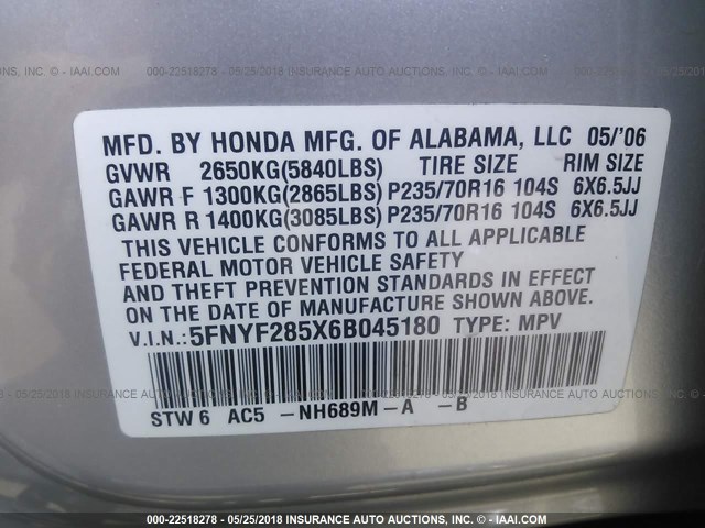 5FNYF285X6B045180 - 2006 HONDA PILOT EX SILVER photo 9