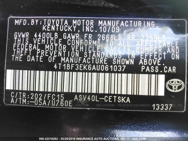 4T1BF3EK6AU061037 - 2010 TOYOTA CAMRY SE/LE/XLE 黑色 照片 9