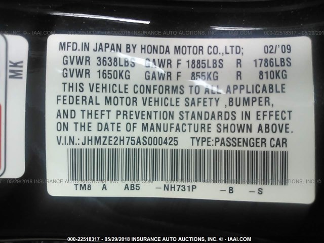 JHMZE2H75AS000425 - 2010 HONDA INSIGHT EX BLACK photo 9