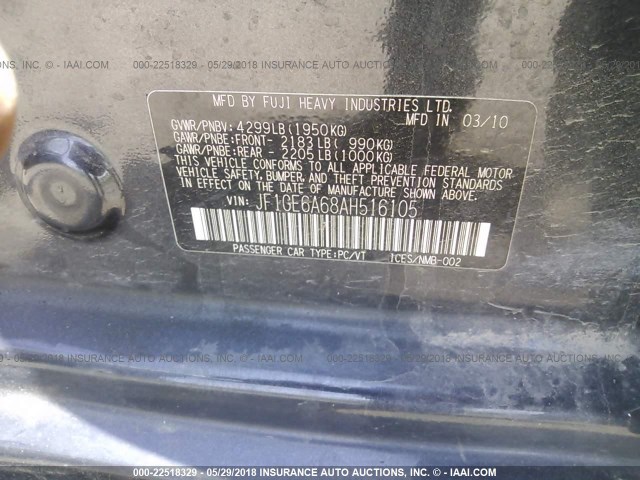 JF1GE6A68AH516105 - 2010 SUBARU IMPREZA 2.5I GRAY photo 9