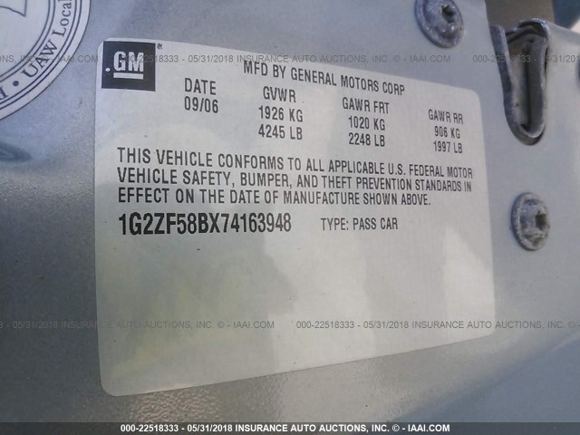 1G2ZF58BX74163948 - 2007 PONTIAC G6 VALUE LEADER/BASE GRAY photo 9