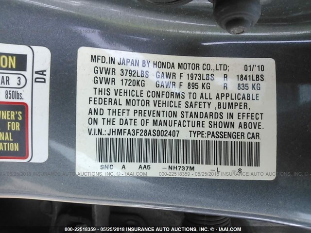 JHMFA3F28AS002407 - 2010 HONDA CIVIC HYBRID GRAY photo 9