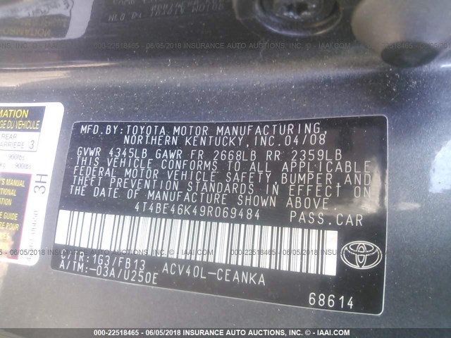 4T4BE46K49R069484 - 2009 TOYOTA CAMRY SE/LE/XLE GRAY photo 9