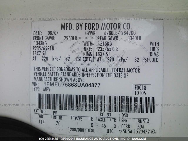 1FMEU75868UA04877 - 2008 FORD EXPLORER LIMITED თეთრი ფოტო 9