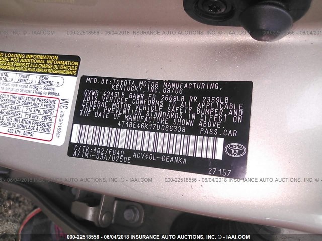 4T1BE46K17U066338 - 2007 TOYOTA CAMRY NEW GENERAT CE/LE/XLE/SE GOLD photo 9