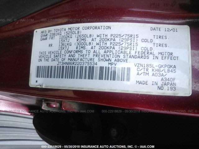 JT3HN86R220375534 - 2002 TOYOTA 4RUNNER SR5 RED photo 9