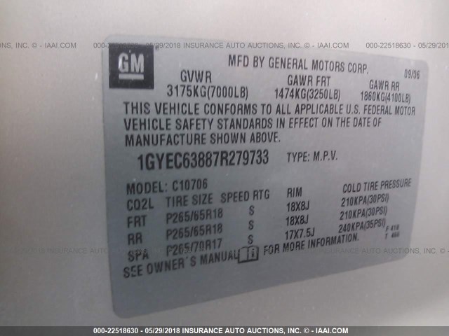 1GYEC63887R279733 - 2007 CADILLAC ESCALADE LUXURY ბეჟი ფოტო 9