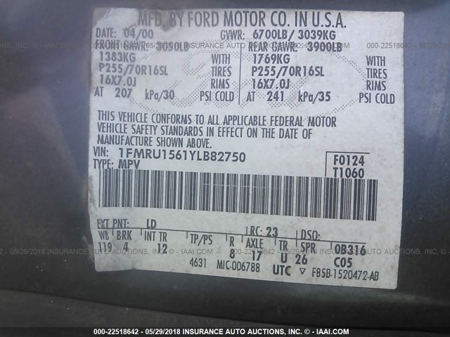 1FMRU1561YLB82750 - 2000 FORD EXPEDITION XLT ლურჯი ფოტო 9