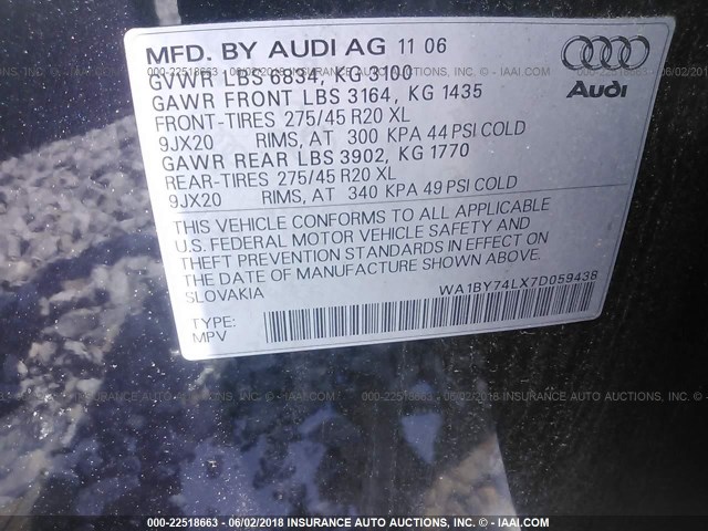 WA1BY74LX7D059438 - 2007 AUDI Q7 3.6 QUATTRO PREMIUM BLUE photo 9