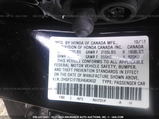 2HGFC1F78JH640452 - 2018 HONDA CIVIC EXL შავი ფოტო 9
