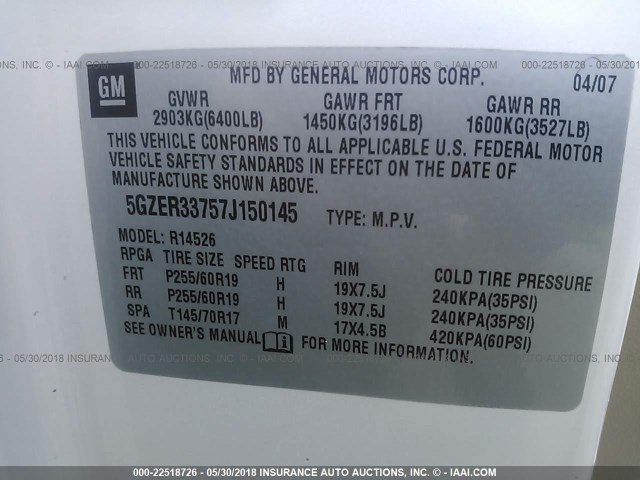 5GZER33757J150145 - 2007 SATURN OUTLOOK SPECIAL თეთრი ფოტო 9