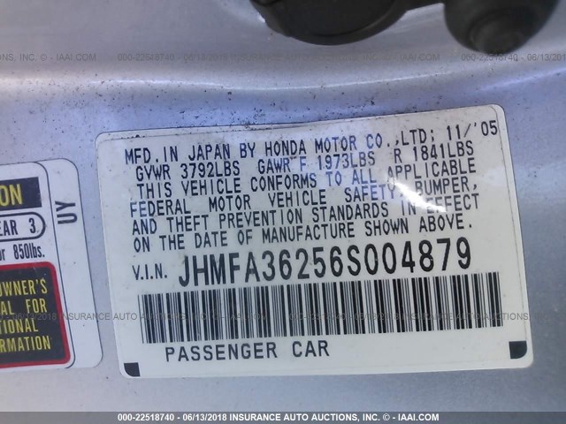 JHMFA36256S004879 - 2006 HONDA CIVIC HYBRID SILVER photo 9