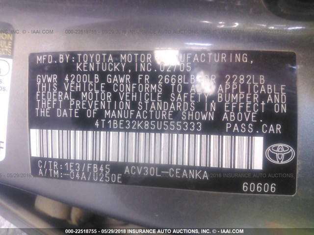 4T1BE32K85U555333 - 2005 TOYOTA CAMRY LE/XLE/SE ყავისფერი ფოტო 9