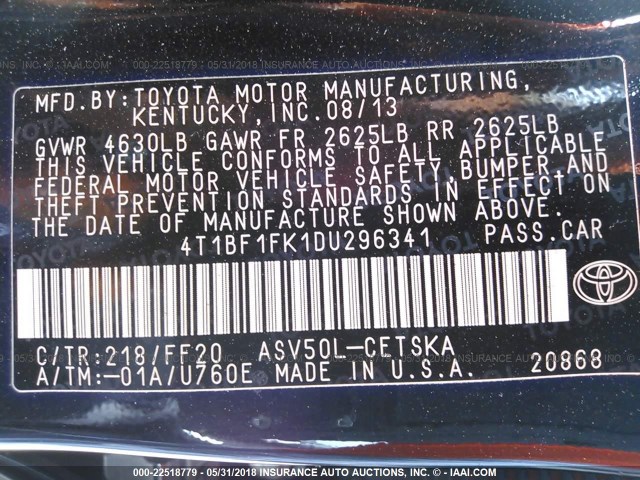 4T1BF1FK1DU296341 - 2013 TOYOTA CAMRY L/SE/LE/XLE 黑色 照片 9