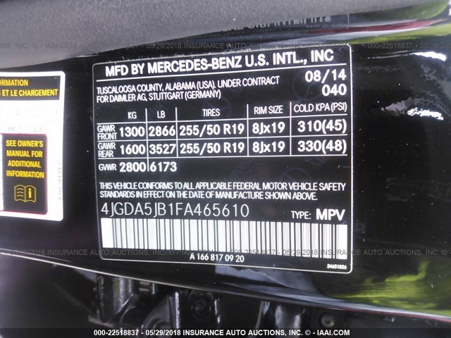 4JGDA5JB1FA465610 - 2015 MERCEDES-BENZ ML 350 BLACK photo 9