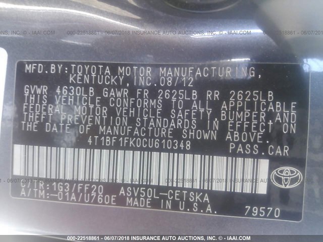 4T1BF1FK0CU610348 - 2012 TOYOTA CAMRY SE/LE/XLE 灰色 照片 9