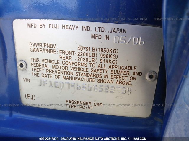 JF1GD79656G523734 - 2006 SUBARU IMPREZA WRX/LIMITED BLUE photo 9