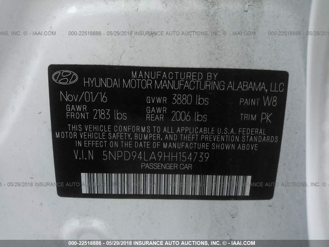 5NPD94LA9HH154739 - 2017 HYUNDAI ELANTRA ECO WHITE photo 9