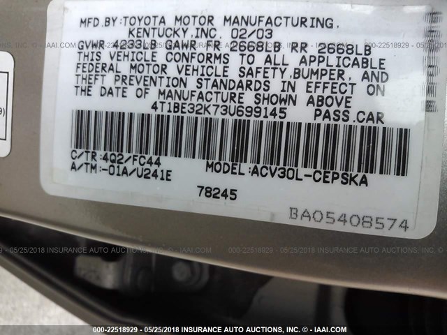 4T1BE32K73U699145 - 2003 TOYOTA CAMRY LE/XLE/SE ოქროსფერი ფოტო 9