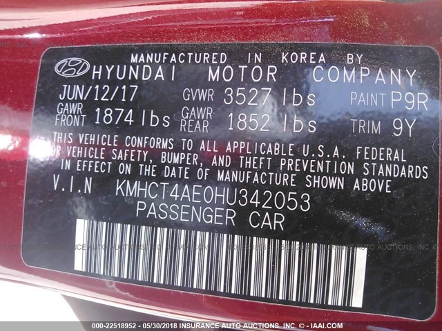 KMHCT4AE0HU342053 - 2017 HYUNDAI ACCENT SE RED photo 9