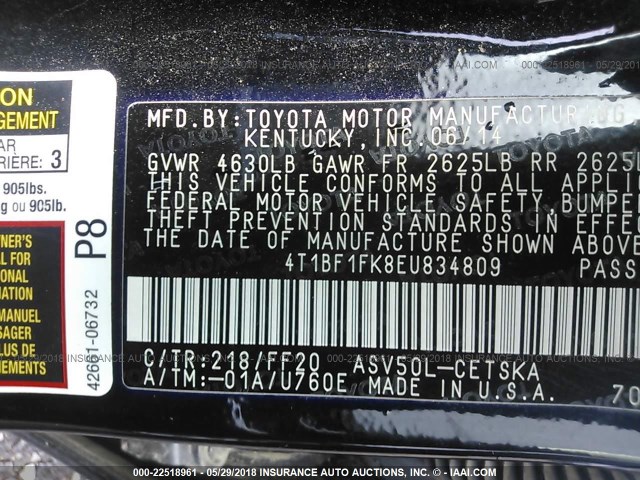 4T1BF1FK8EU834809 - 2014 TOYOTA CAMRY L/SE/LE/XLE 黑色 照片 9
