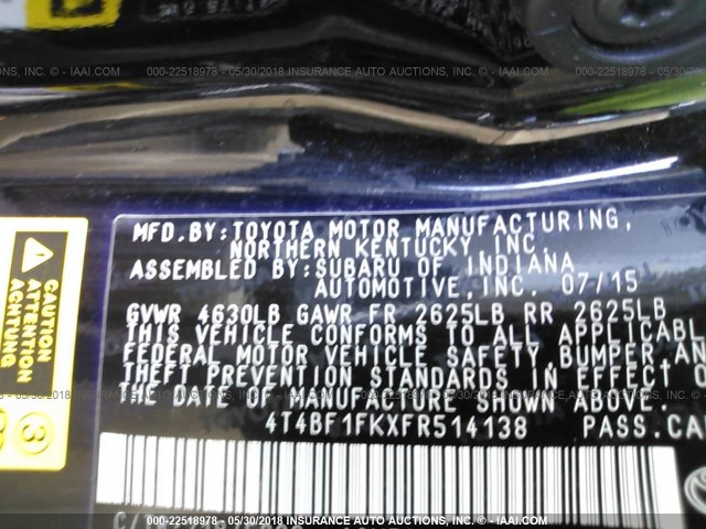 4T4BF1FKXFR514138 - 2015 TOYOTA CAMRY LE/XLE/SE/XSE BLACK photo 9