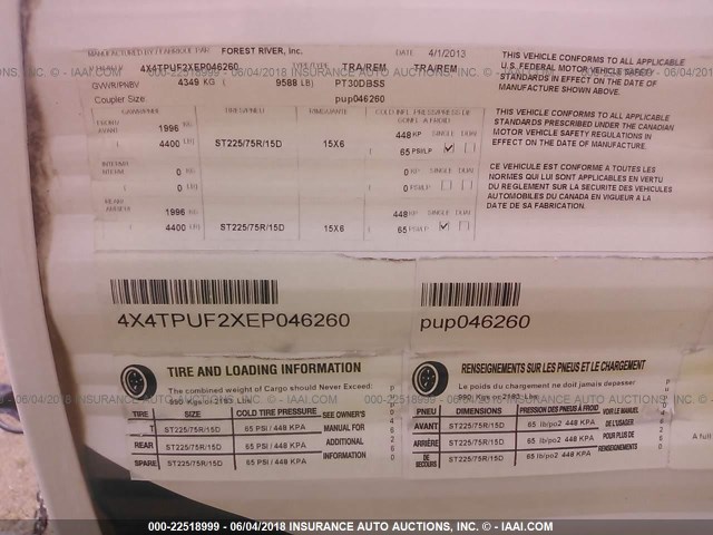 4X4TPUF2XEP046260 - 2014 FOREST RIVER PALOMINO PUMA  白色 照片 9