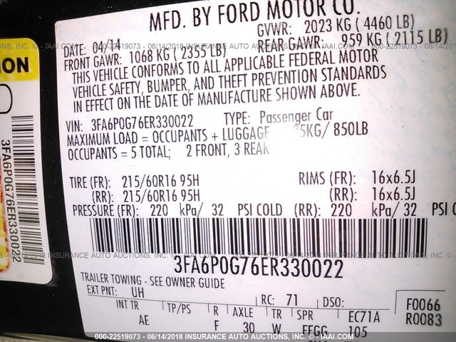 3FA6P0G76ER330022 - 2014 FORD FUSION S BLACK photo 9