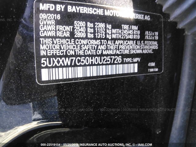5UXXW7C50H0U25726 - 2017 BMW X4 XDRIVEM40I BLACK photo 9