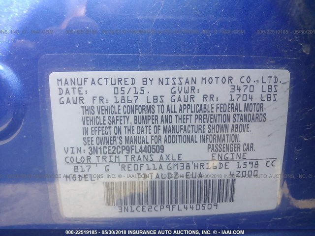 3N1CE2CP9FL440509 - 2015 NISSAN VERSA NOTE S/S PLUS/SV/SL/SR BLUE photo 9