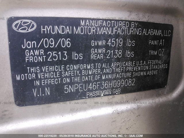 5NPEU46F36H099082 - 2006 HYUNDAI SONATA GLS/LX GOLD photo 9