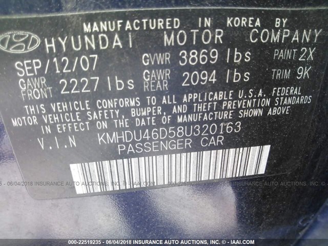 KMHDU46D58U320163 - 2008 HYUNDAI ELANTRA GLS/SE/LIMITED BLUE photo 9