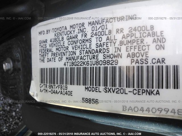 4T1BG22K61U809829 - 2001 TOYOTA CAMRY CE/LE/XLE 绿色 照片 9