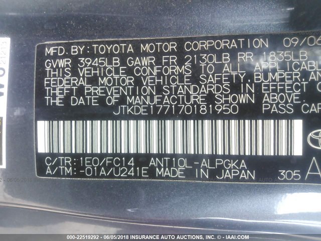 JTKDE177170181950 - 2007 TOYOTA SCION TC 灰色 照片 9