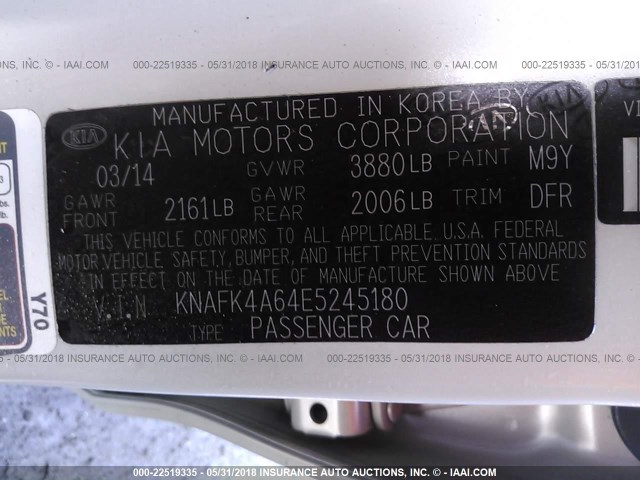 KNAFK4A64E5245180 - 2014 KIA FORTE LX WHITE photo 9