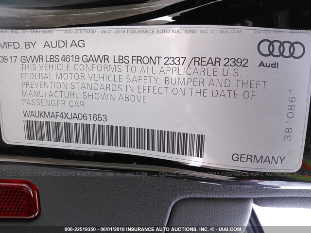 WAUKMAF4XJA061653 - 2018 AUDI A4 ULTRA PREMIUM BLACK photo 9