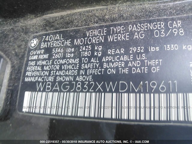 WBAGJ832XWDM19611 - 1998 BMW 740 IL BLACK photo 9