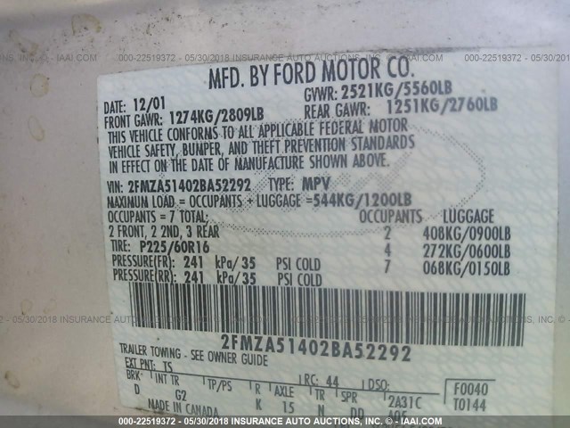 2FMZA51402BA52292 - 2002 FORD WINDSTAR LX GRAY photo 9