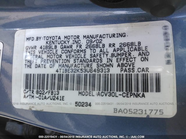 4T1BE32K53U649313 - 2003 TOYOTA CAMRY LE/XLE/SE ლურჯი ფოტო 9