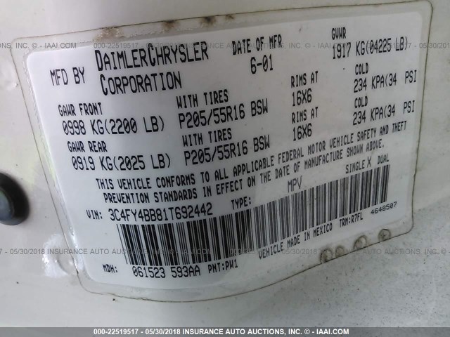 3C4FY4BB81T692442 - 2001 CHRYSLER PT CRUISER WHITE photo 9