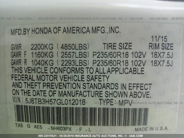 5J8TB3H57GL012018 - 2016 ACURA RDX TECHNOLOGY WHITE photo 9