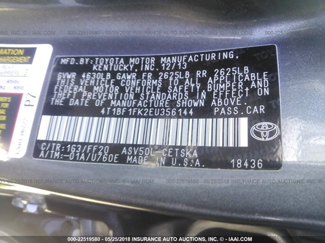 4T1BF1FK2EU356144 - 2014 TOYOTA CAMRY L/SE/LE/XLE 灰色 照片 9