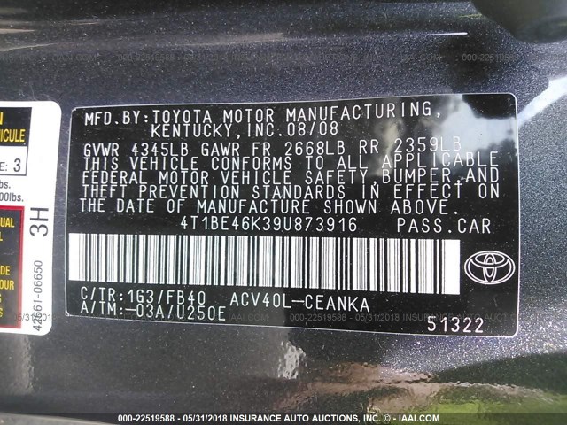 4T1BE46K39U873916 - 2009 TOYOTA CAMRY SE/LE/XLE 灰色 照片 9