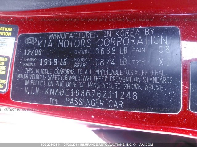 KNADE163676211248 - 2007 KIA RIO 5 SX RED photo 9