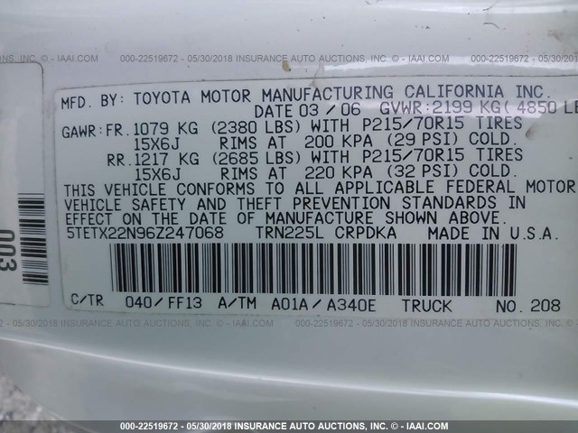 5TETX22N96Z247068 - 2006 TOYOTA TACOMA ACCESS CAB Weiß Foto 9