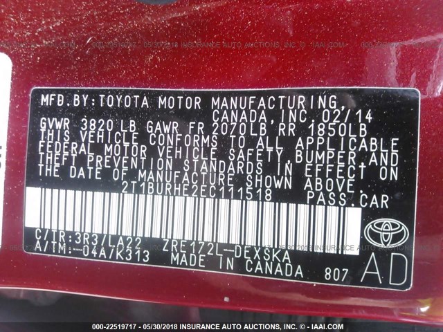 2T1BURHE2EC111518 - 2014 TOYOTA COROLLA L/LE/LE PLS/PRM/S/S PLS RED photo 9