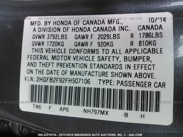 2HGFB2F92FH507106 - 2015 HONDA CIVIC EXL ნაცრისფერი ფოტო 9