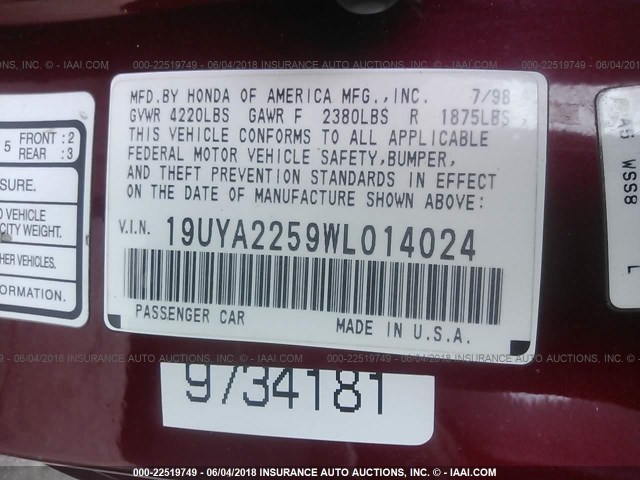 19UYA2259WL014024 - 1998 ACURA 3.0CL BURGUNDY photo 9