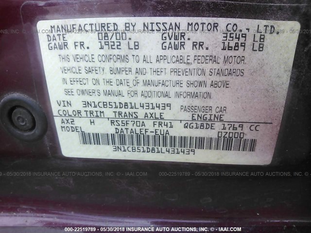 3N1CB51D81L431439 - 2001 NISSAN SENTRA XE/GXE RED photo 9