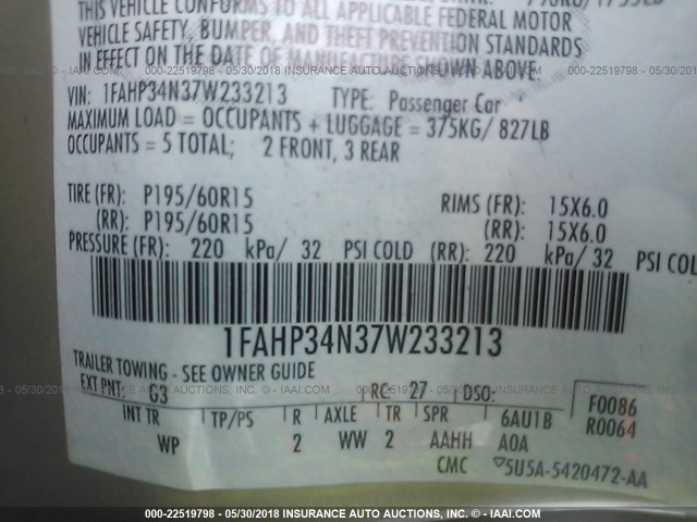 1FAHP34N37W233213 - 2007 FORD FOCUS ZX4/S/SE/SES 米色 照片 9